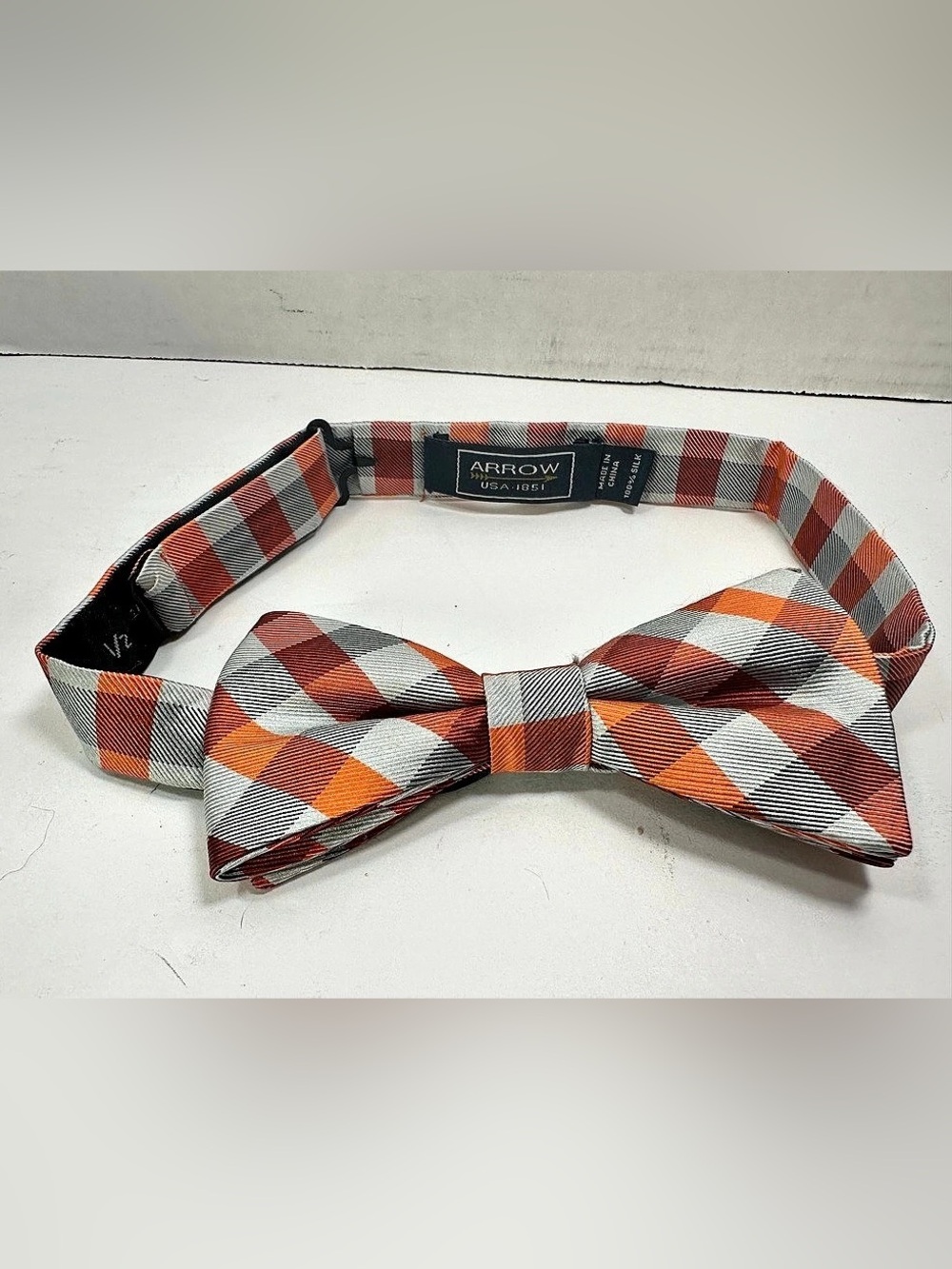 Arrow Silk Plaid Bow Tie Orange Gray Preppy